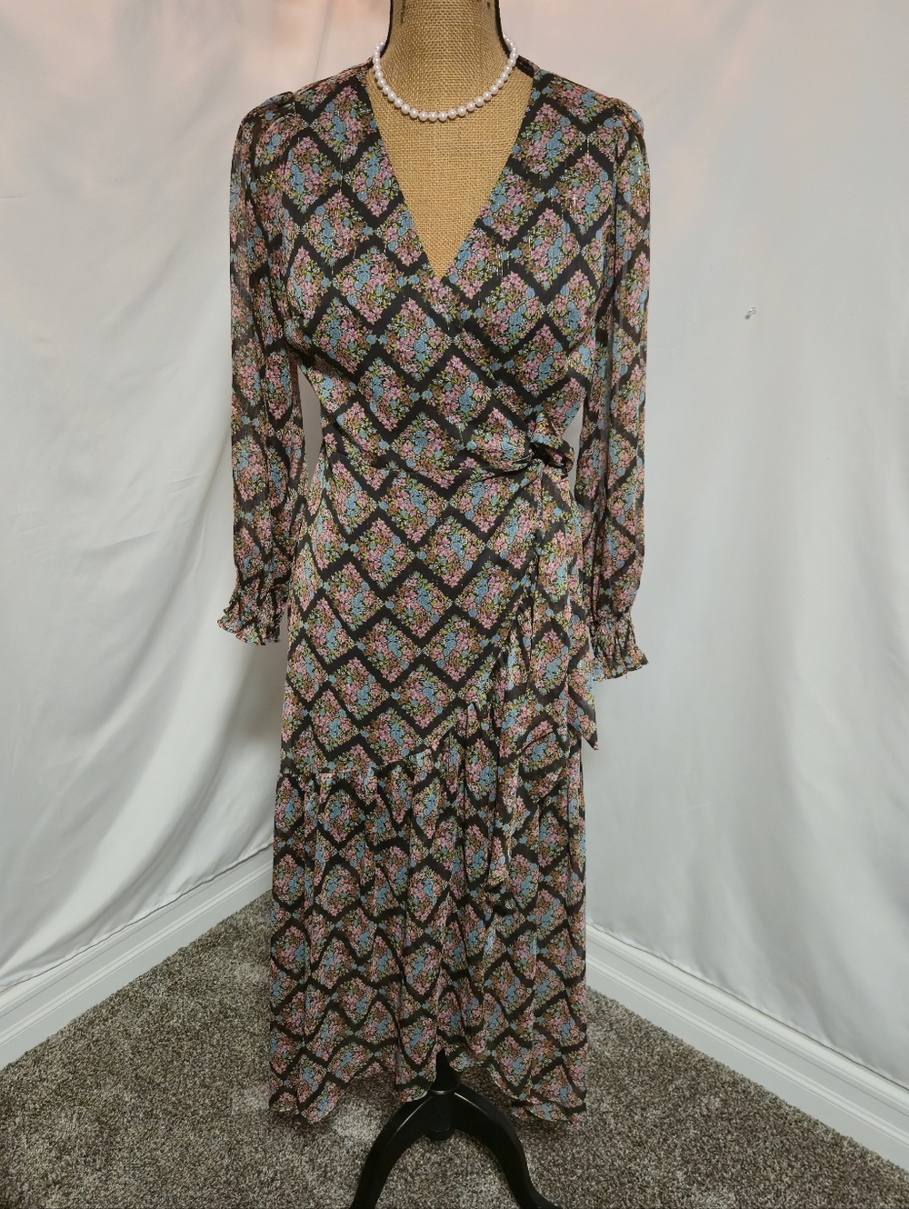 LC Lauren Conrad Black Floral Wrap Maxi Dress with Pastel Blooms